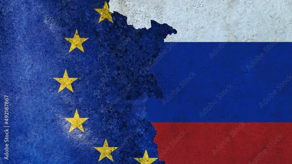 The flags of the European Union and Russia painted on a ruined wall and divided by a diagonal crack. International diplomatic relations. Damaged structure The flags of the European Union and Russia painted on a ruined wall and divided by a diagonal crack. International diplomatic relations. Damaged structure