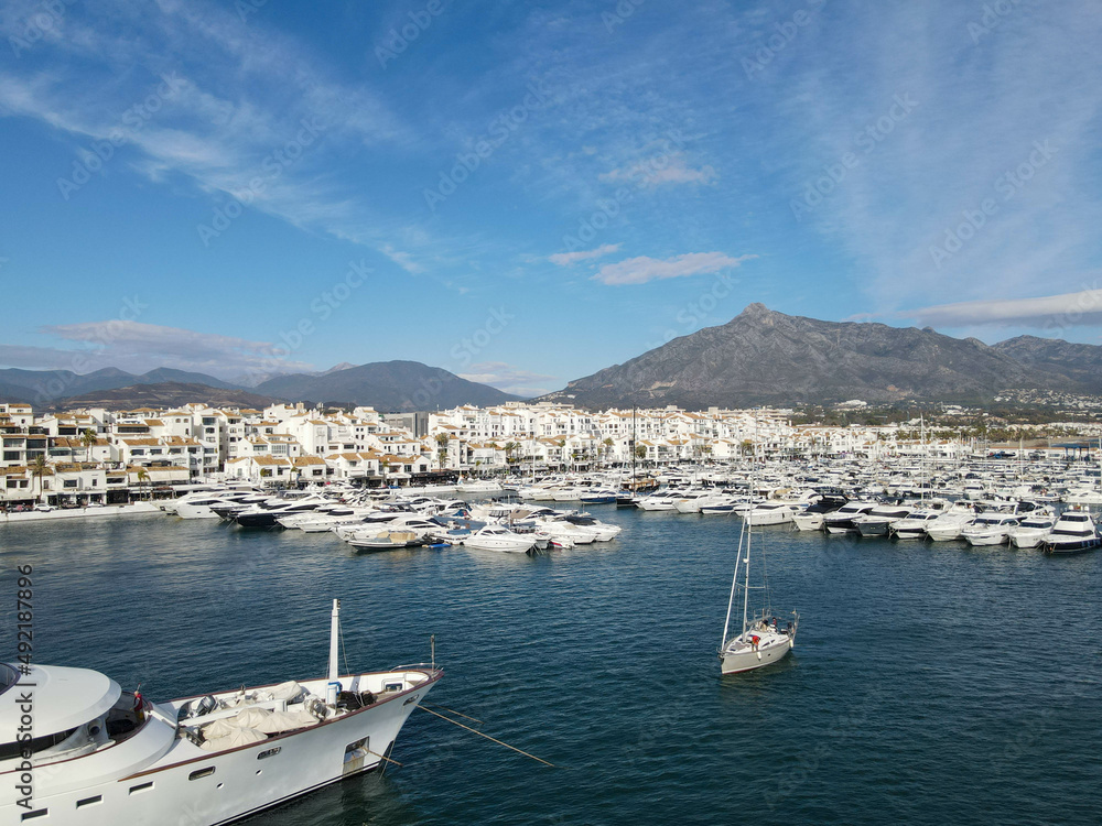 Drone view of the harbour at Puerto Banus on Spain