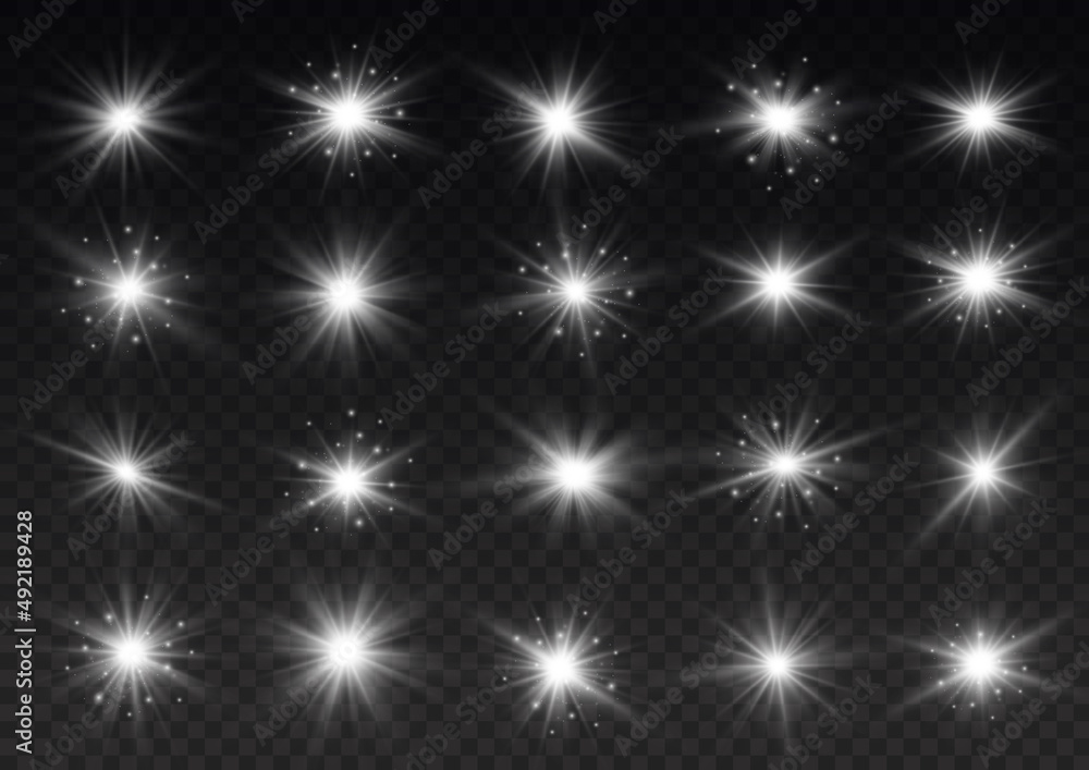 Lights flare, star flash light, white sun rays Lights flare, star flash light, white sun rays