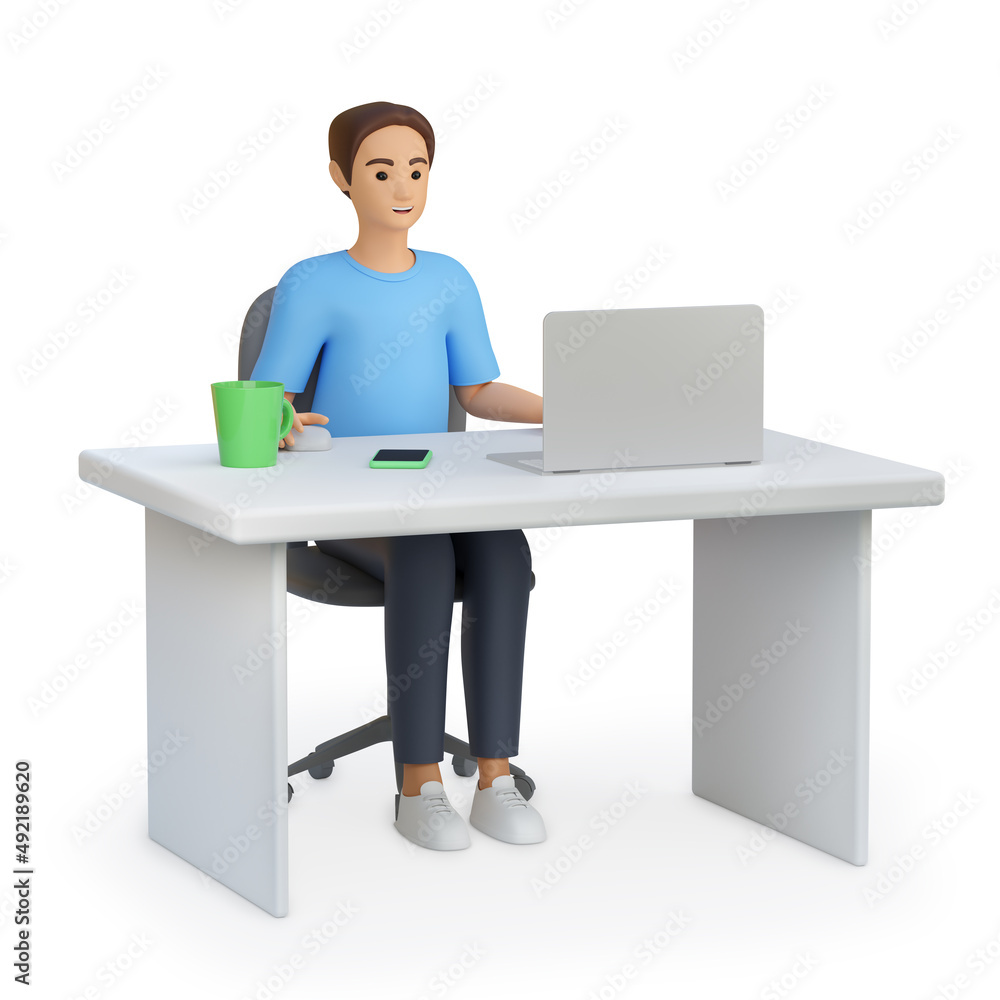 3d illustration man sitting at the workplace. Human working on a laptop. Employee, businessman, freelancer, worker, student at table with laptop. Smiling guy. Male character. 3d illustration man sitting at the workplace. Human working on a laptop. Employee, businessman, freelancer, worker, student at table with laptop. Smiling guy. Male character.