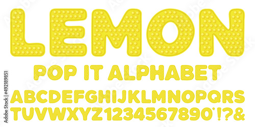 Lemon yellow popit alphabet and numbers set in fidget toy style. Pop it font design as a trendy silicone toy for fidget in bright color. Bubble sensory letter as popit. Isolated cartoon vector