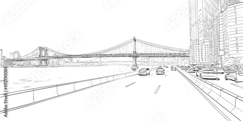 New York city sketch. View of the road with cars and bridge hand drawn industrial vector illustration.