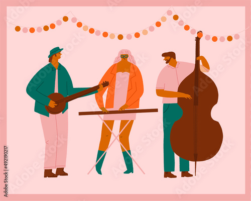 Birthday greeting card with indie rock band with banjo, contrabass and a women singer. Music summer party or concert illustration.