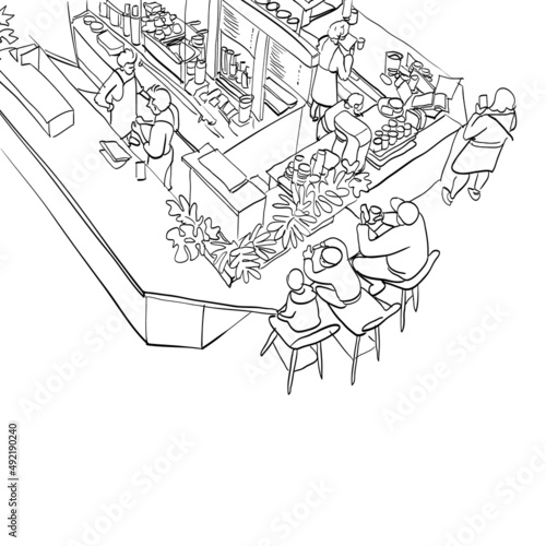 Sketch of food court in the shopping center. Hand drawn vector illustration. 