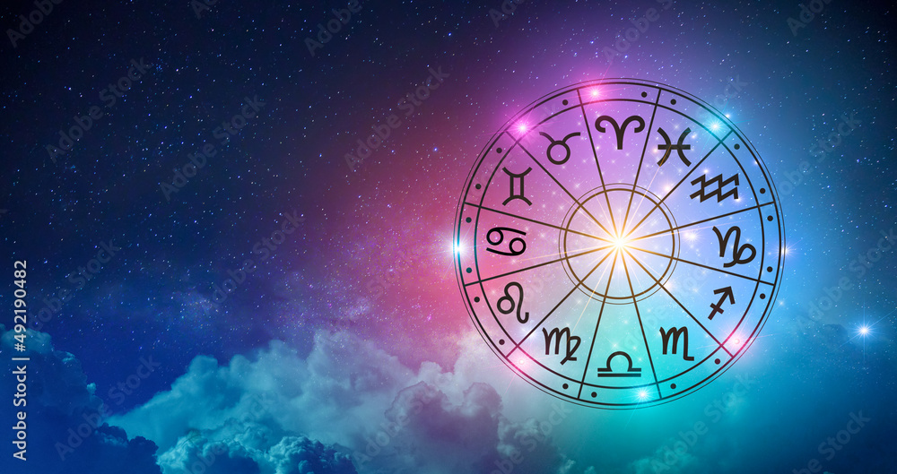 Zodiac signs inside of horoscope circle. Astrology in the sky with many stars and moons  astrology and horoscopes concept - obrazy, fototapety, plakaty 