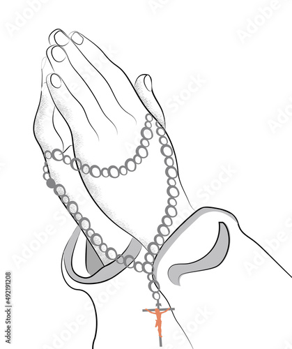 Outline of praying hands with holy rosary beads with Jesus Christ on the cross hanging. Hands praying concept for religious people.