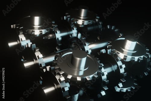 Gearwheels - 3D render illustration of abstract transmission made of shiny metal.