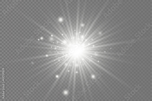 Glow bright light star, white sun rays, sunshine.