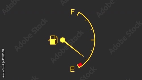 Fuel gauge fills up - filling up car fuel from empty to full tank fill. Dashboard meter animation. vehicle petrol diesel level indicator with a red warning. flashing low fuel icon - 4k animation