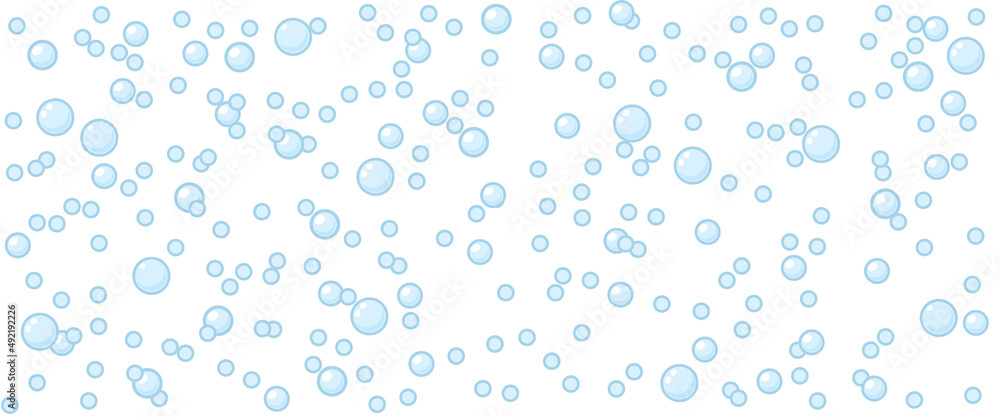 Bubbles vector seamless background with flat line icons. Soap texture. Gentle repeating background pattern of blue bubbles on a white background. Abstract wallpaper with fizzy effect