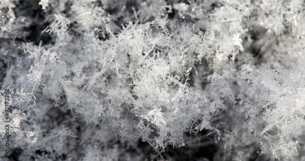 Snow from snowflakes, macro photo of white snow in winter, snow texture