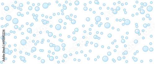 Bubbles vector seamless background with flat line icons. Soap texture. Gentle repeating background pattern of blue bubbles on a white background. Abstract wallpaper with fizzy effect