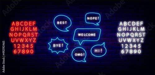 Speech bubbles neon sign collection. Welcome, bye and yeah shiny text. Light white and red alphabet. Vector illustration