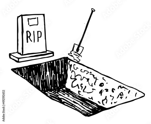 Open grave isolated. Sketch Stone tombstone stands. vector illustration. Decorations tombstone and dug grave with a headstone. Cemetery graveyard churchyard necropolis