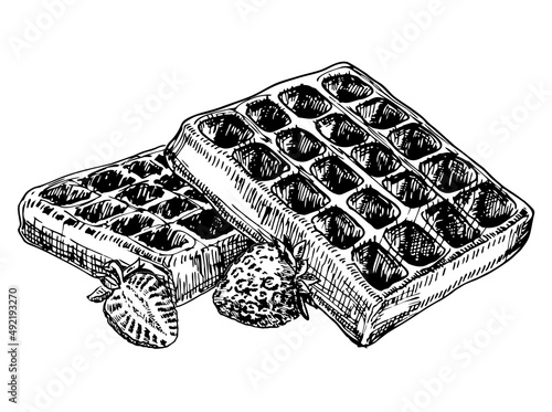 Ink sketch of waffles with strawberries. Hand drawn vector illustration isolated on white background. Retro style. Breakfast Belgian waffles. Dessert, sweets, menu design, restaurant, shop