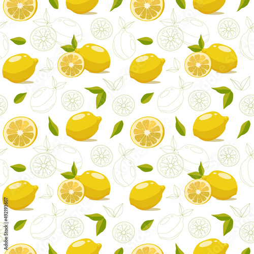 Seamless pattern of yellow lemons and leaves in a flat and doodle style. Vector illustration on a white background for wrapping paper, decor