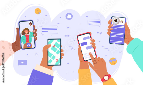 Set of hands holding smartphone flat vector Illustration. People use smartphones, surfing in social media. Boy and girl chatting, using navigation, watching video, liking photos, talking in Mobile App