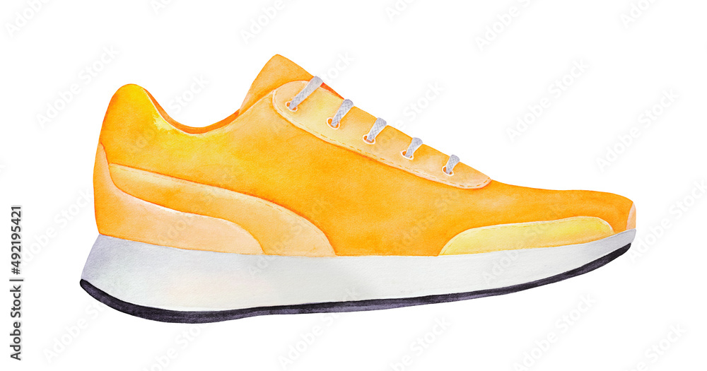 Bright yellow sneaker shoe with laces. Symbol of sport, youth, originality, positivity, ease, comfort. Hand drawn water color sketchy illustration, cut out clipart element for design decoration. Bright yellow sneaker shoe with laces. Symbol of sport, youth, originality, positivity, ease, comfort. Hand drawn water color sketchy illustration, cut out clipart element for design decoration.