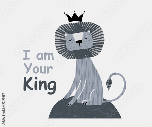 a cute funny lion in a crown. Isolated objects on white background. Scandinavian style flat design. Concept for children print.