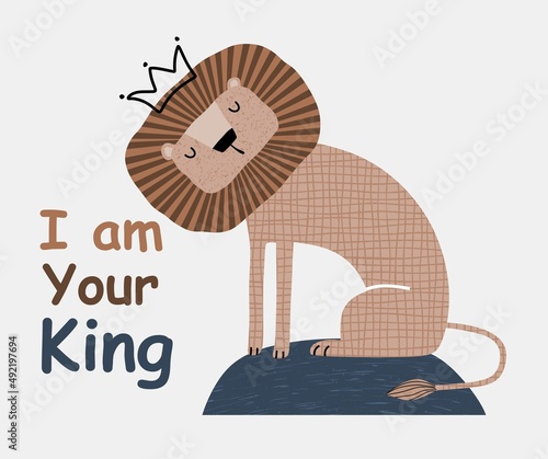 a cute funny lion in a crown. Isolated objects on white background. Scandinavian style flat design. Concept for children print.