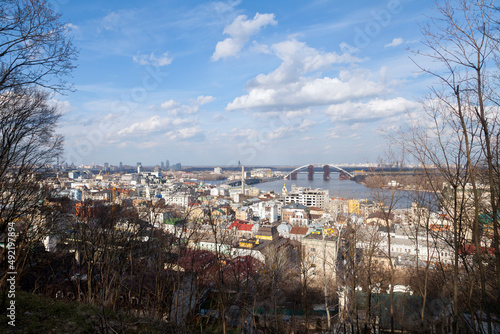 Landscape with few bridges to the left bank of the Dnieper River in Kyiv city, Ukraine. Early spring