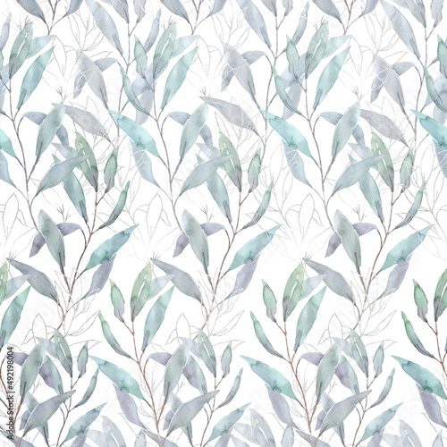 Watercolor greenery floral seamless pattern. Eucalyptus leaves and silver branches. Winter design. Botanical print on white background.