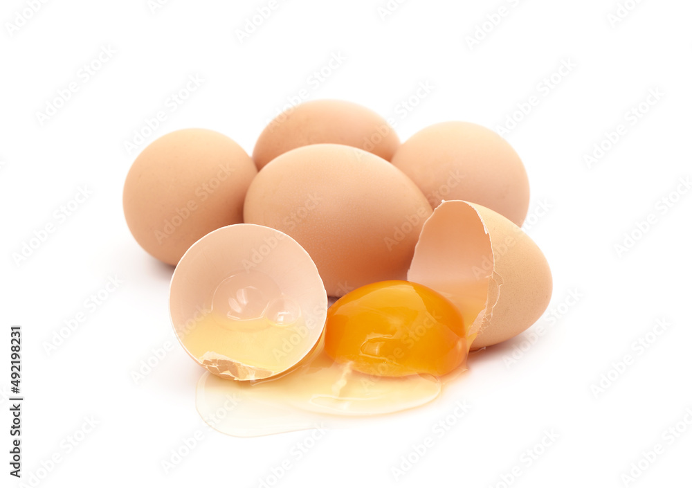 Many whole eggs and one broken. Many whole eggs and one broken.