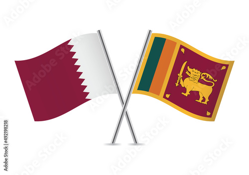 Qatar and Sri Lanka crossed flags. Qatari and Sri Lankan flags, isolated on white background. Lion flag. Sinha Flag. Vector icon set. Vector illustration. photo