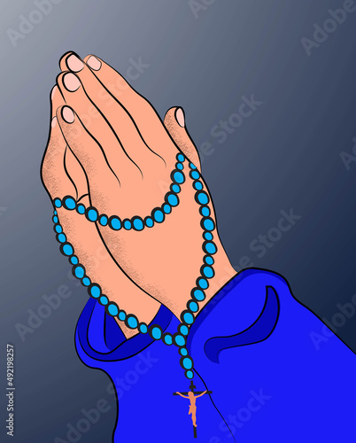 Vector illustration of praying hands holding colorful holy rosary beads with Jesus Christ on the cross hanging, symbol and prayer concept for catholic religion. Hands praying icon on religious theme.