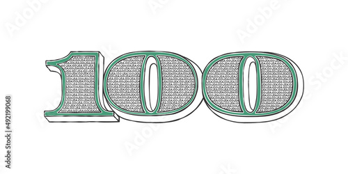 Dollar sign. The sign of the hundred dollar bill. The painted number is one hundred. Vector illustration