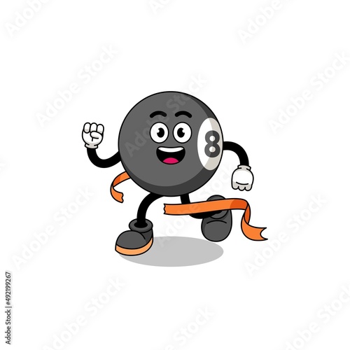 Mascot cartoon of billiard ball running on finish line