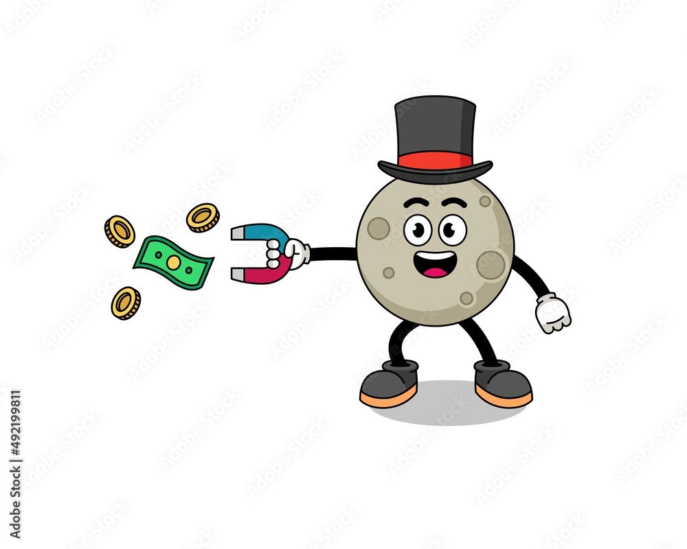 Character Illustration of moon catching money with a magnet Character Illustration of moon catching money with a magnet