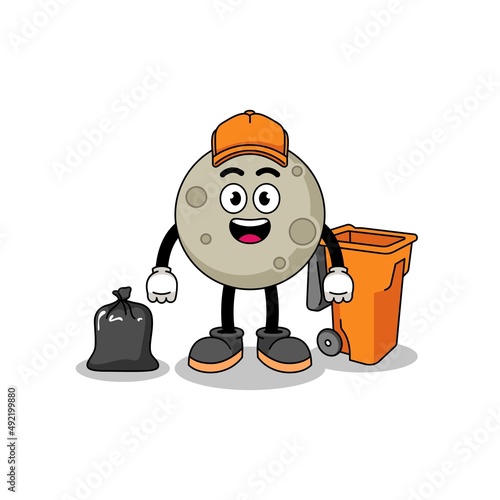 Illustration of moon cartoon as a garbage collector