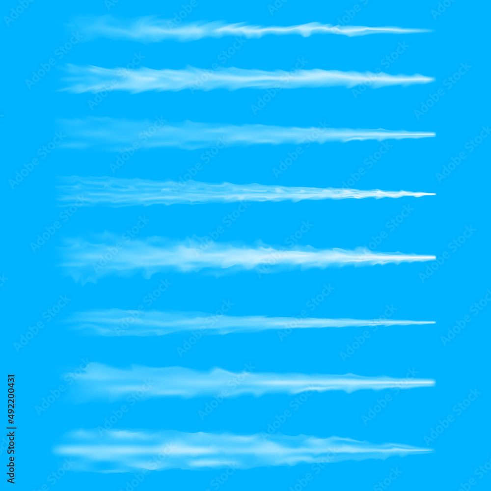 Collection realistic horizontal air trail from aircraft at blue sky vector illustration. White smoke