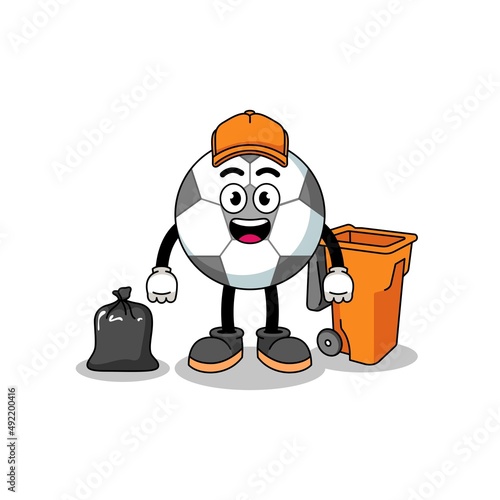 Illustration of soccer ball cartoon as a garbage collector