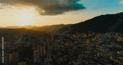 Aerial image of the city of Poços de Caldas at sunset 