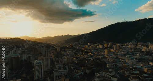 Aerial image of the city of Poços de Caldas at sunset 