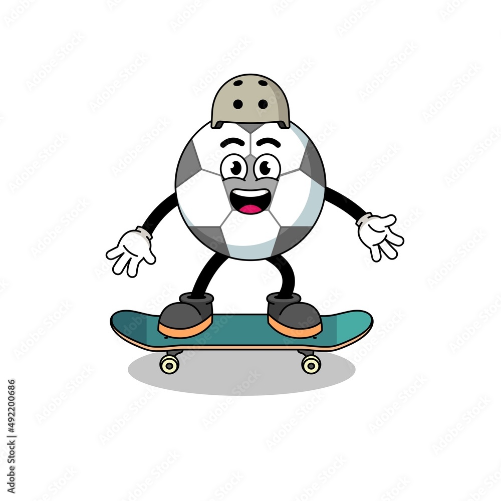 soccer ball mascot playing a skateboard