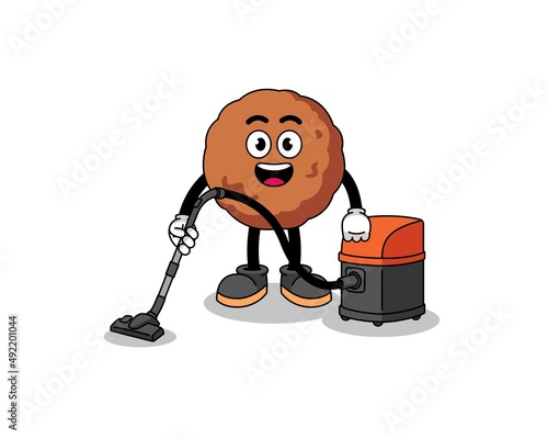 Character mascot of meatball holding vacuum cleaner