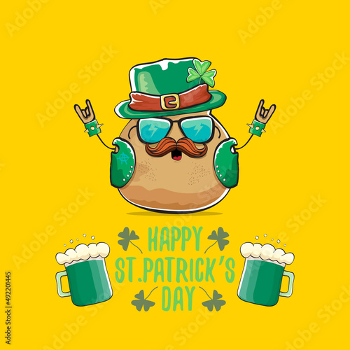 Happy saint patricks day greeting card with funky leprechaun rock star potato character with green particks hat and beer isolated on orange background. Rock n roll hipster vegetable funky character photo