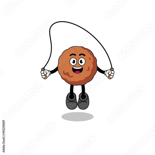 meatball mascot cartoon is playing skipping rope