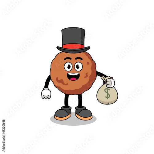 meatball mascot illustration rich man holding a money sack
