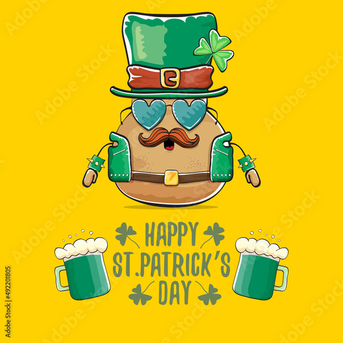 Happy saint patricks day greeting card with funky leprechaun rock star potato character with green particks hat and beer isolated on orange background. Rock n roll hipster vegetable funky character photo