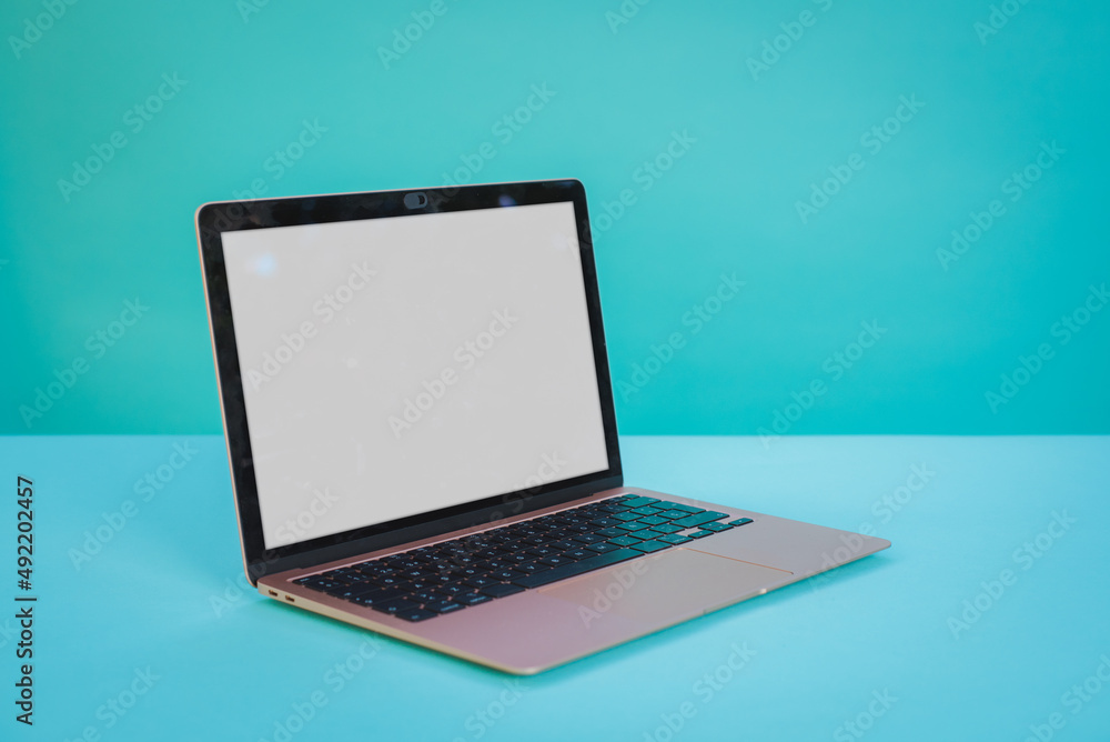 custom made wallpaper toronto digitalLaptop computer with blank screen on Aztec green paper background.