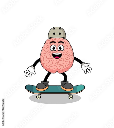 brain mascot playing a skateboard