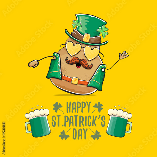 Happy saint patricks day greeting card with funky leprechaun rock star potato character with green particks hat and beer isolated on orange background. Rock n roll hipster vegetable funky character