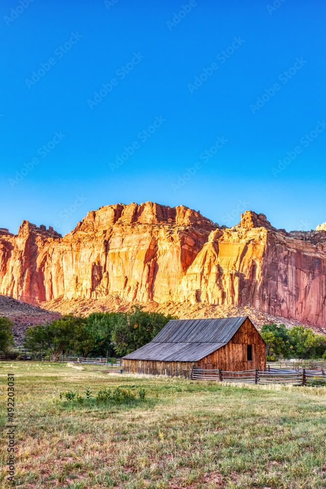 Landscape with Monumental Old Barn in Fruita at Sunset, Capitol Reef National Park, Utah