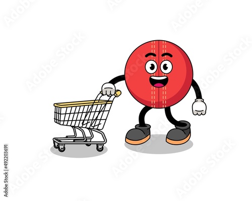 Cartoon of cricket ball holding a shopping trolley