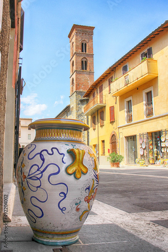 Deruta, decorated vase, bell tower and shop