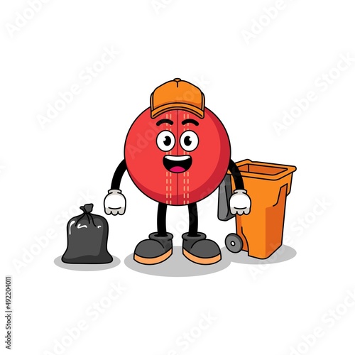 Illustration of cricket ball cartoon as a garbage collector
